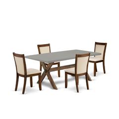 East West Furniture 5-Pc Dinner Table Set Consists of a Wood Dining Table and 4 Light Beige Linen Fabric Upholstered Dining Chairs with Stylish Back - Distressed Jacobean Finish