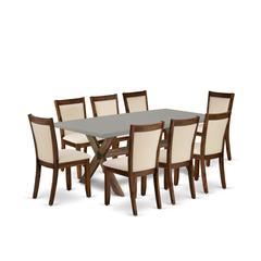 East West Furniture 9-Piece Mid Century Dining Table Set Consists of a Wooden Table and 8 Light Beige Linen Fabric Upholstered Dining Chairs with Stylish Back - Distressed Jacobean Finish