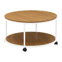 Round White Coffee Table with Solid Wood Frame and Brown Laminate Top