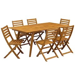 7-Piece Oil Finish Dining Set with Foldable Chairs and Outdoor Coffee Table