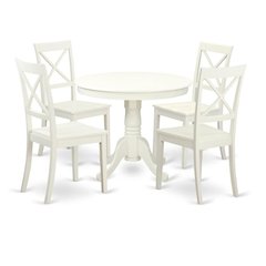 5-Piece Dining Set, Pedestal Table, 4 Wood Chairs, Linen White Finish, Classic