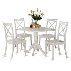 Solid Wood Round Kitchen Table 5-Piece, Drop Leaf, 4 Chairs, Linen White