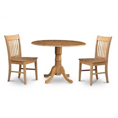 3-Piece Dining Set, Round Drop Leaf Table, 2 Wood Chairs, Oak Finish, Compact