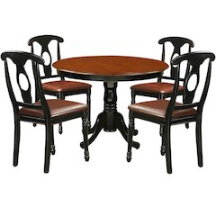 5 Piece Dining Furniture Set, Round Table, 4 Leather Chairs, Cherry and Black