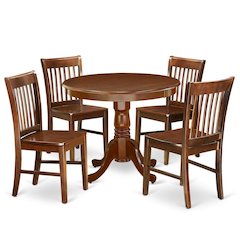 Mahogany Dining Set, Round Pedestal Table, Wooden Seat Chairs, 4-Person