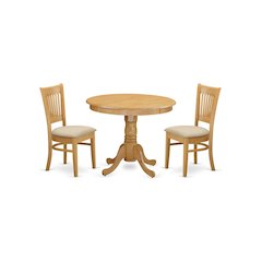 Solid Wood Round Dining Table & Chairs 3-Piece Set, Small Dinette, Oak