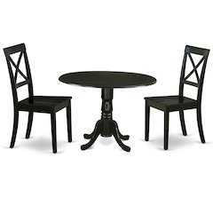 3-Piece Dining Set, Round Table, Drop Leaf, 2 Wood Chairs, Black Finish