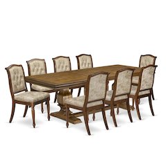 Solid Wood Rectangular Dining Table & Button-Tufted Chairs 9-Piece, Light Beige