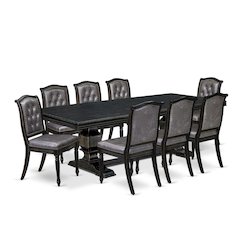 Solid Wood Rectangular Dining Table & Button-Tufted Chairs 9-Piece, Dark Grey