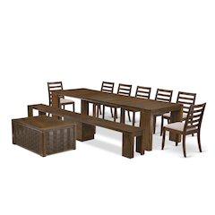 Solid Wood Extendable Dining 10-Piece, Chairs, Bench & Coffee, Antique Walnut