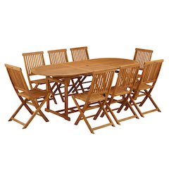 9-Piece Patio Set with Oil Finish, 8 Slatted-Back Chairs, Wood Coffee Table