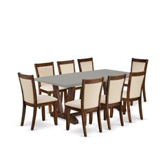 East West Furniture 9-Pc Dining Table Set Consists of a Dining Room Table and 8 Light Beige Linen Fabric Parson Dining Chairs with Stylish Back - Distressed Jacobean Finish