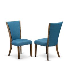 East West Furniture - Set of 2 - Upholstered Chair- Dining Chair Includes Distressed Jacobean Wood Frame with Blue Linen Fabric Seat with Nail Head and Stylish Back