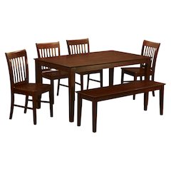Solid Wood Dining Table with Chairs and Bench, Kitchen Set for 6 People