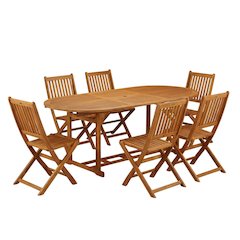 7-Pc Outdoor Set, Oil Finish with 6 Slatted Back Chairs and Round Coffee Table