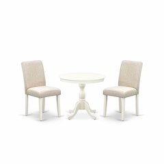 AMAB3-LWH-02 3 Pc Kitchen Table Set - 1 Pedestal Table and 2 Light Beige Parson Chairs - Linen White Finish