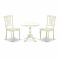 East West Furniture 3 Piece Dining Table Set Includes 1 Round Pedestal Dining Table and 2 Linen White Dinning Room Chairs with Slatted Back - Linen White Finish