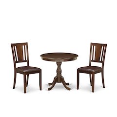 AMDU3-MAH-LC 3 Piece Modern Dining Table Set Contains 1 Round Pedestal Table and 2 Mahogany Faux Leather Kitchen Chair with Panel Back - Mahogany Finish