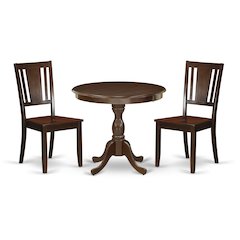East West Furniture 3 Piece DINETTE SET Consists of 1 Pedestal Dining Table and 2 Mahogany Dinning Chairs with Panel Back - Mahogany Finish