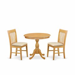 East West Furniture 3 Piece Dining Room Set Consists of 1 Wooden Dining Table and 2 Oak Linen Fabric Dining Room Chairs with Slatted Back - Oak Finish