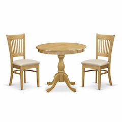 East West Furniture 3 Piece Dining Table Set Contains 1 Round Pedestal Table and 2 Oak Linen Fabric Wooden Kitchen Chairs with Slatted Back - Oak Finish