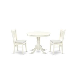 ANVA3-LWH-C - 3-Pc Dining Room Table Set- 2 Wooden Chairs and Round Dining Table - Linen Fabric Seat and Slatted Chair Back (Linen White Finish)