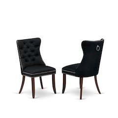 Parson Chairs - Black Linen Fabric Padded Dining Chairs, Set of 2, Mahogany