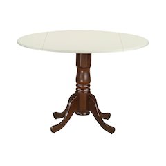 Round Dining Table, Drop Leaves, Linen White & Mahogany, Pedestal Base