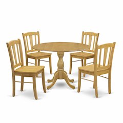 East West Furniture 5-Piece Dining Room Table Set- 4 Dining Chair with Wooden Seat and Slatted Chair Back - Dropleafs Dining Table - Oak Finish
