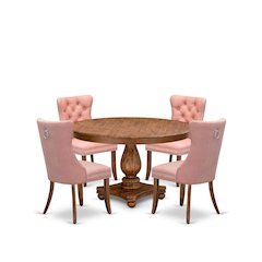 5-Pc Mid Century Dining Set Consist A Kitchen Table, 4 Beige Red Parson Chairs