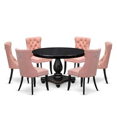 7 Piece Dining Set Contains 48" Round Kitchen Table In Beige Red Color