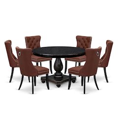 7 Piece Dining Table Set Contains 48" Round Table In Burgandy Color