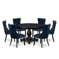 7 Piece Dining Table Set Consists Of 48" Round Table In Navy Blue Color