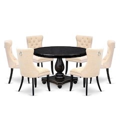 7-Piece Dining A Wooden Table And 6 Light Beige Linen Fabric Dinning Chairs