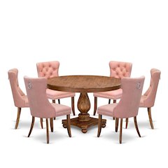7-Pc Dinner Set Contain A Mid Century Table And 6 Beige Red Upholstered Chairs