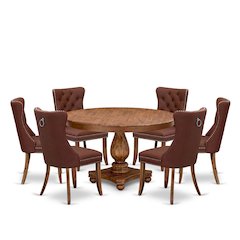 7-Pc Dining Set Contain A Mid Century Modern Table And 6 Burgundy Padded Chairs