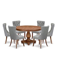 7-Pc Modern Dining Set Contain A Modern Table, 6 Light Gray Upholstered Chairs
