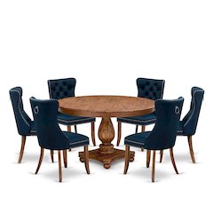 7-Pc Kitchen Dining Table Set Contain A Mid Century Table And 6 Navy Blue Chairs