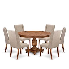 7-Piece Dining Table Set A Wooden Dining Table, 6 Light Tan Fabric Parsons Chair