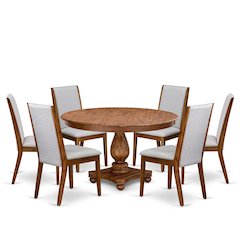 7-Piece Mid Century Modern Dining Table Set A Modern Table, 6 Grey Fabric Chairs