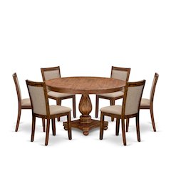 7-Pc Wooden Dining Set A Pedestal Table, 6 Light Tan Linen Fabric Parson Chairs