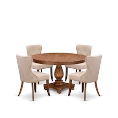 5-Pc Kitchen Table Set A Pedestal Table, 4 Light Tan Fabric Dining Room Chairs