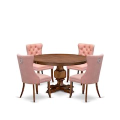 5-Pc Dining Room Table Set Include A Round Table And 4 Beige Red Parsons Chairs