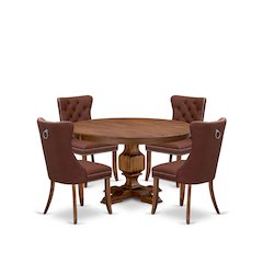5-Pc Dining Room Set Include A Round Table And 4 Burgundy Upholstered Chairs