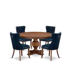 5-Pc Dining Table Set Include A Round Dining Table And 4 Navy Blue Dining Chairs
