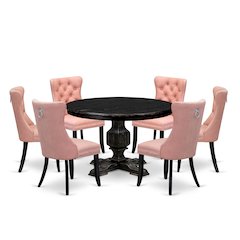 7 Piece Dining Set Consists Of 48" Round Table In Beige Red Color