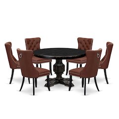 7 Piece Dining Table Set Consists Of 48" Round Table In Burgandy Color