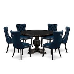 7 Piece Dining Table Set Includes 48" Round Table In Navy Blue Color