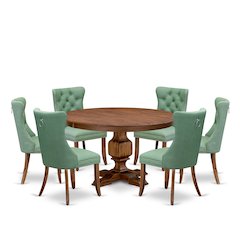 7-Piece Mid-Century Dining Table A Dining Table, 6 Willow Green Dinner Chairs