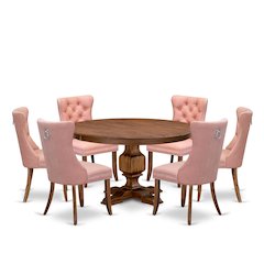 7-Pc Kitchen Set Consist A Mid Century Table And 6 Beige Red Upholstered Chairs